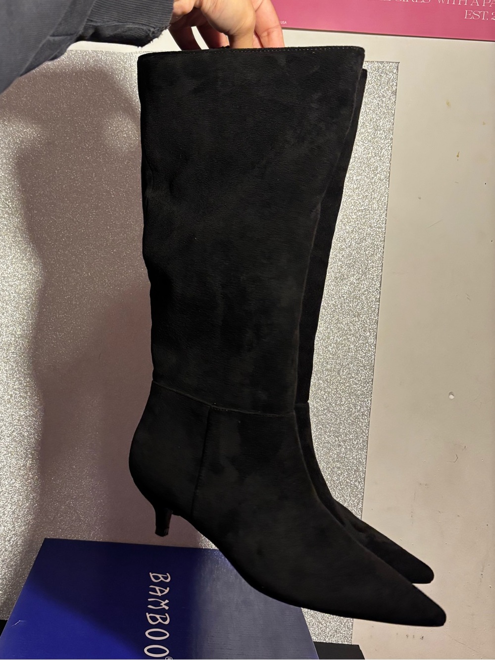 BAMBOO Black Knee-High Pointed Toe Kitten Heel Boots